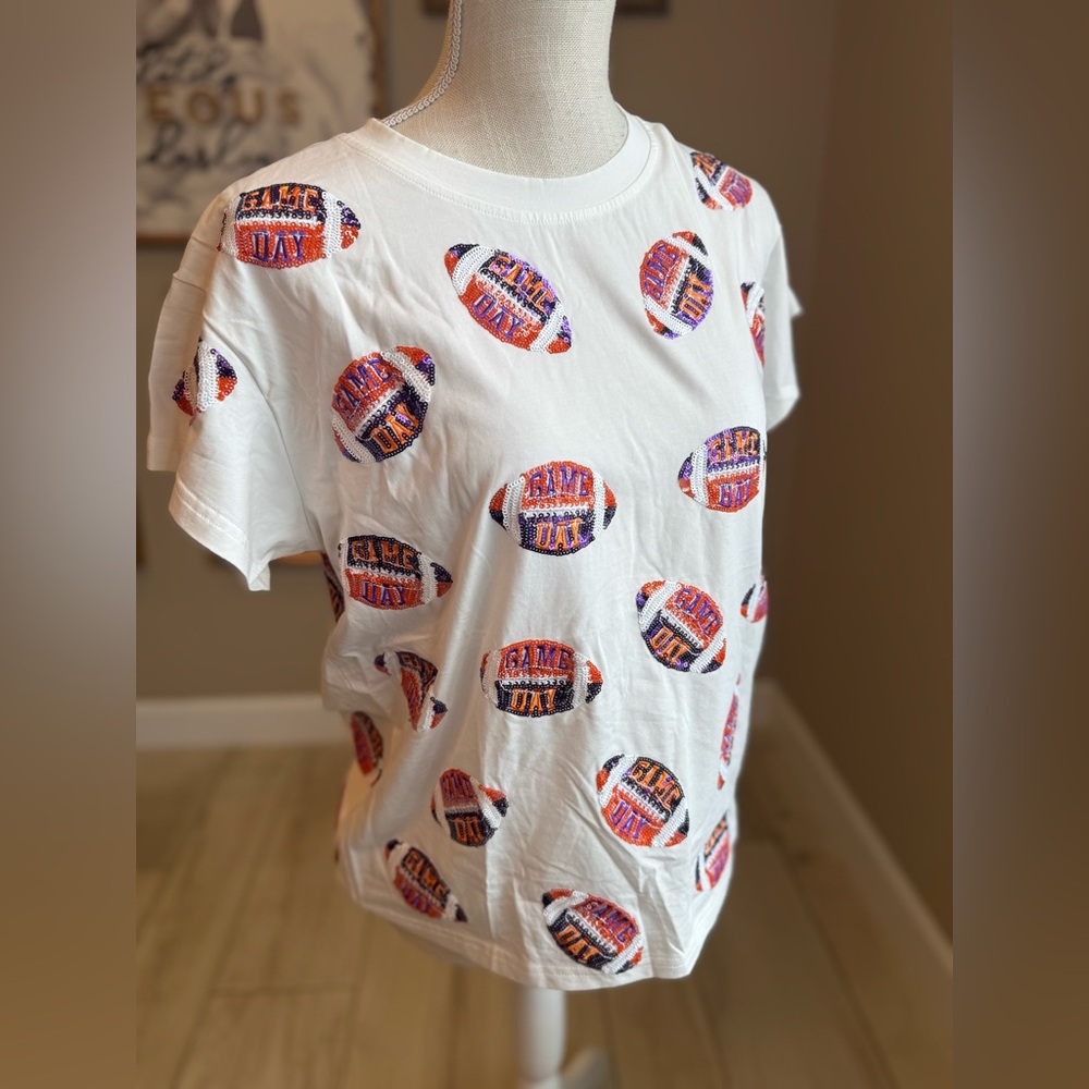 New! QUEEN OF SPARKLES Sequin Orange and Purple Game Day Football Tee - Picture 3 of 8